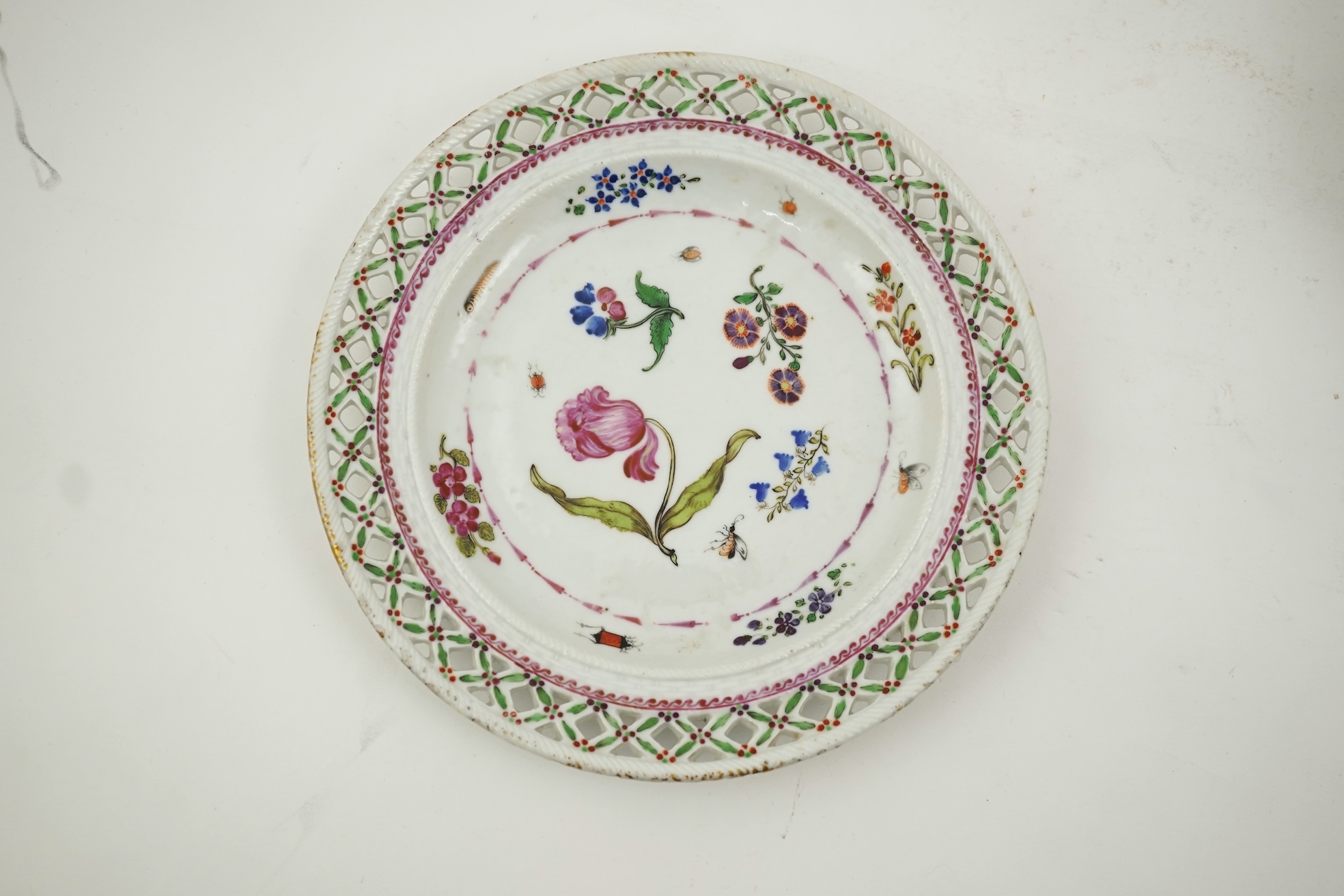 A Chinese export famille rose basket and stand, Qianlong period